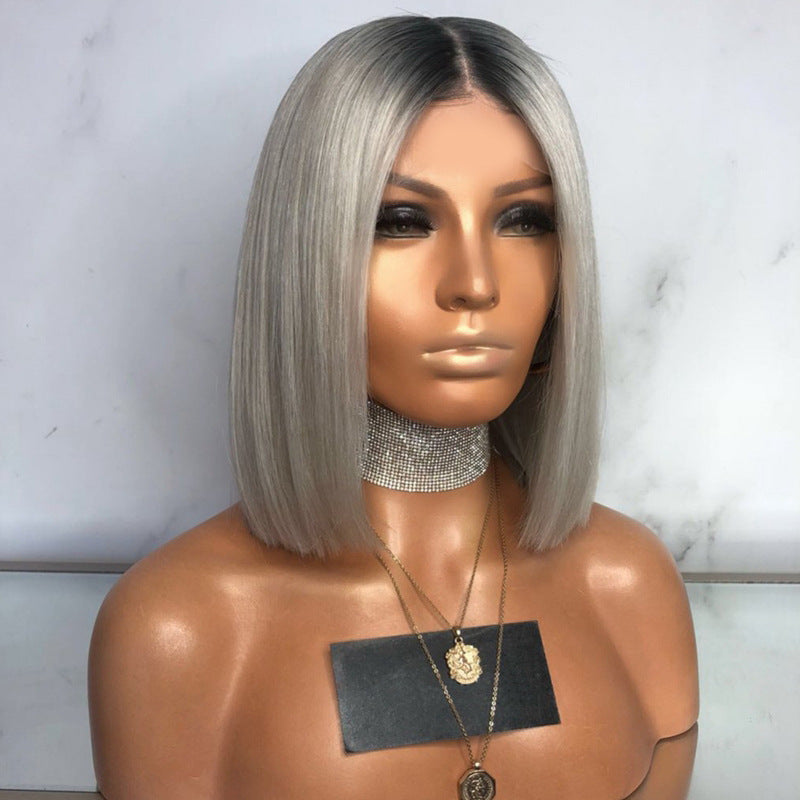 Women's wig black gray mixed color middle part bobo short straight hair inner buckle bob short hair dyed chemical fiber hair