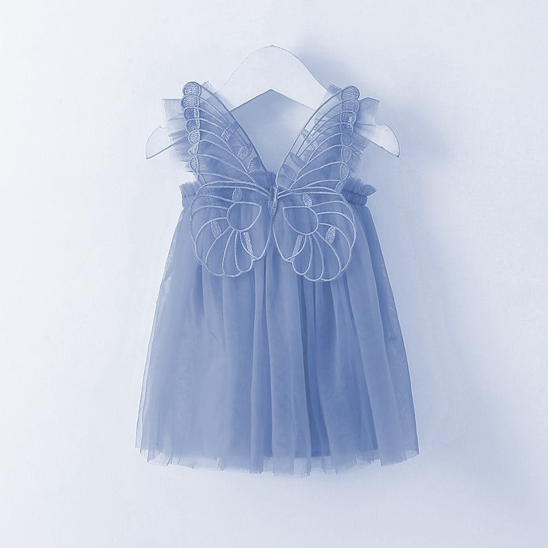 New Baby Girl Clothes Solid Color Flying Sleeve Butterfly Wing Decorative Little Girls Dress Sweet Princess Baby Dresses