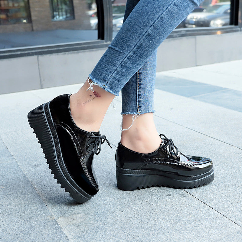 Women Oxford Shoes Lace Up Platform Shoes Black Patent Leather Casual Shoes Thick Sole Shoes Ladies Wedges