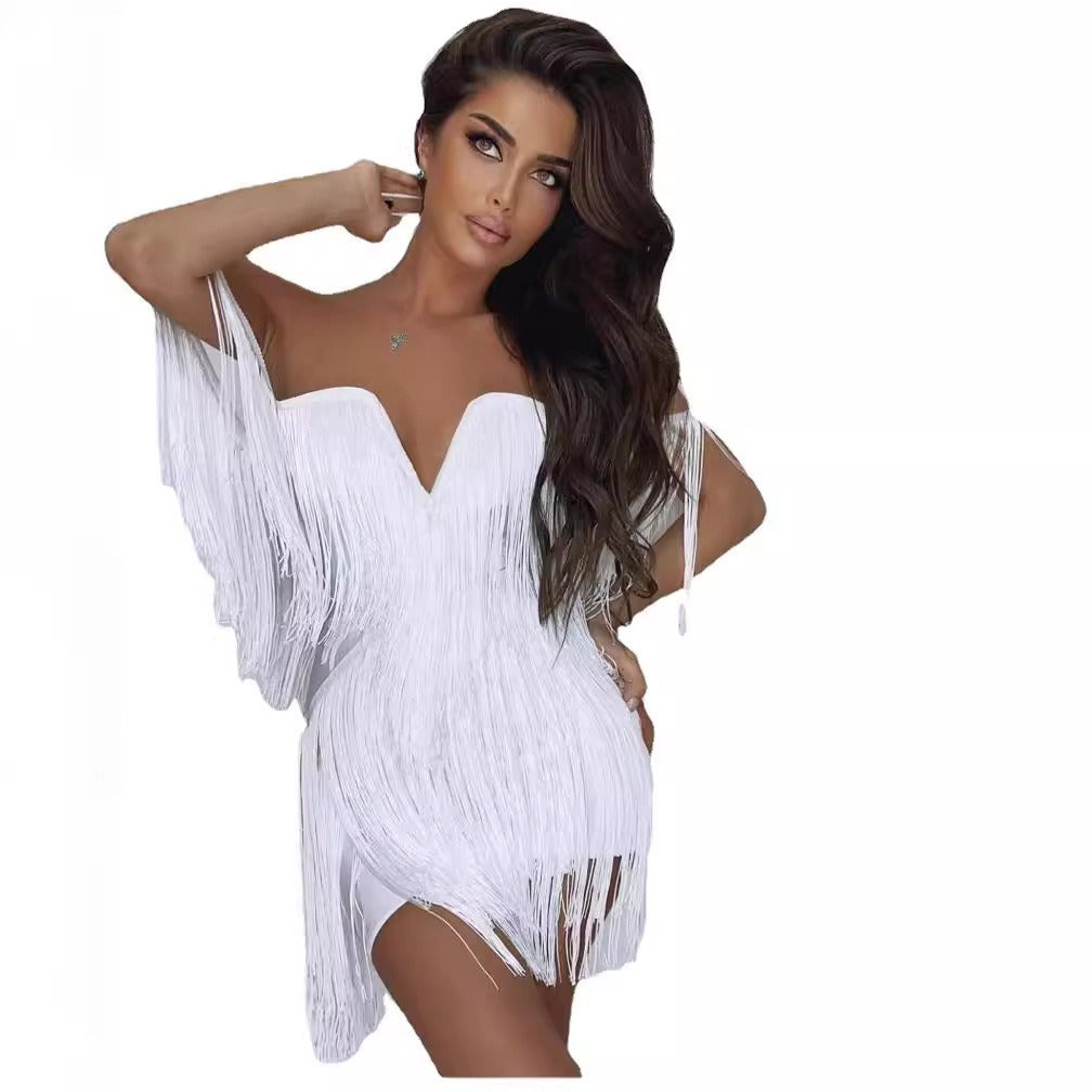 V-neck suspender shoulder length open back tassel elegant temperament bandage dress