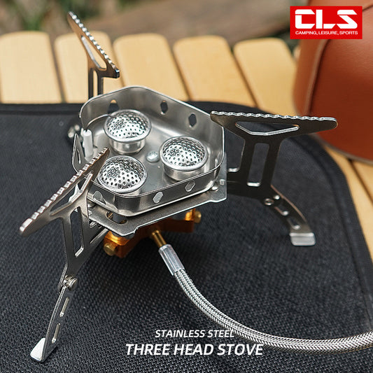 Outdoor Portable Three-Head Stove Picnic Mountaineering Windproof Stove Head Camping Equipment Meng Huo Gas Stove Self-Driving Tour Car Stove