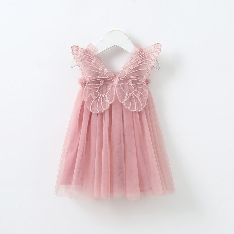 New Baby Girl Clothes Solid Color Flying Sleeve Butterfly Wing Decorative Little Girls Dress Sweet Princess Baby Dresses