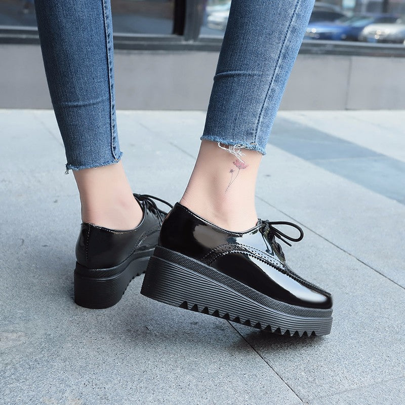 Women Oxford Shoes Lace Up Platform Shoes Black Patent Leather Casual Shoes Thick Sole Shoes Ladies Wedges