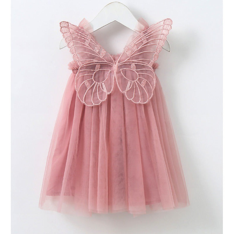 New Baby Girl Clothes Solid Color Flying Sleeve Butterfly Wing Decorative Little Girls Dress Sweet Princess Baby Dresses