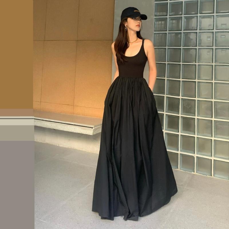 Sleeveless vest long skirt black suspender dress for women in summer