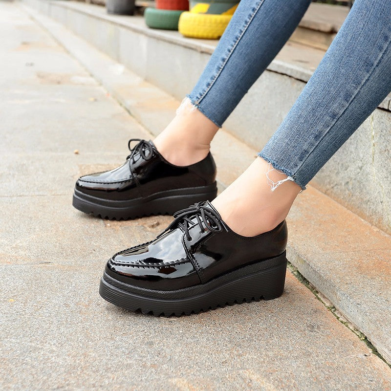 Women Oxford Shoes Lace Up Platform Shoes Black Patent Leather Casual Shoes Thick Sole Shoes Ladies Wedges