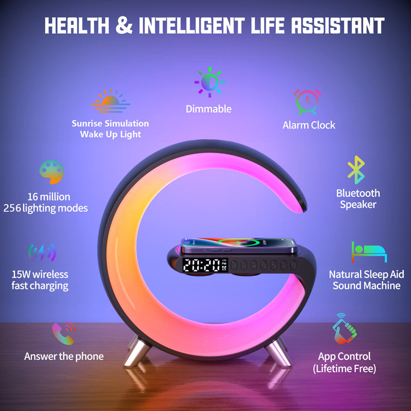 Smart Ambient Light Bluetooth Speaker Wireless Charger Bedside Ambient Light Sunrise Wake-Up Light Pickup Light Alarm Clock