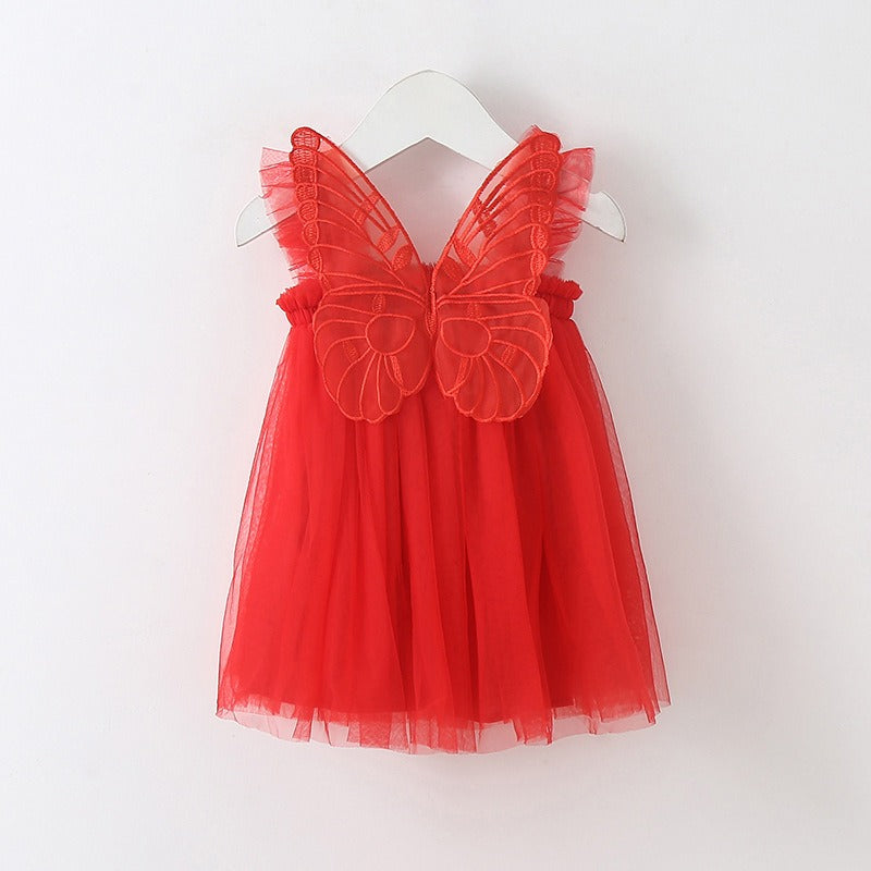 New Baby Girl Clothes Solid Color Flying Sleeve Butterfly Wing Decorative Little Girls Dress Sweet Princess Baby Dresses