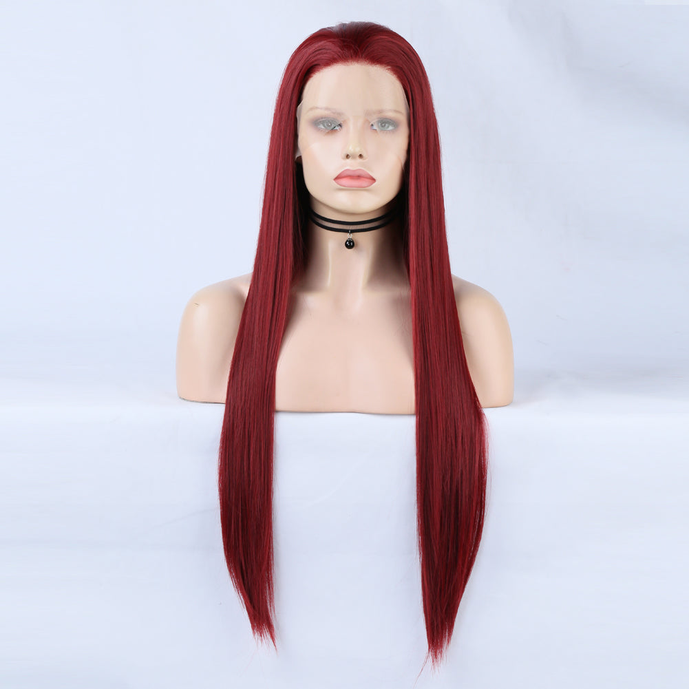 Fashion 13*2.5 Wine Red Wig Chemical Fiber Front Lace Wig Head Cover Natural Hairline