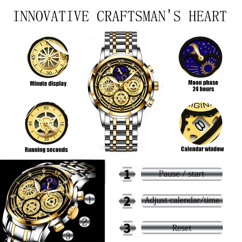 Men's Quartz Watch Skeleton New Concept Waterproof Watch Multifunctional Watch