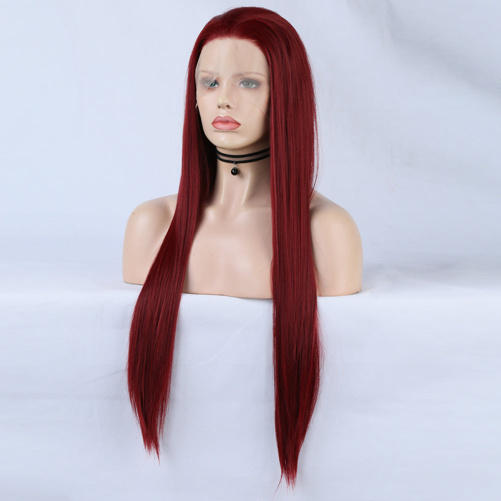 Fashion 13*2.5 Wine Red Wig Chemical Fiber Front Lace Wig Head Cover Natural Hairline