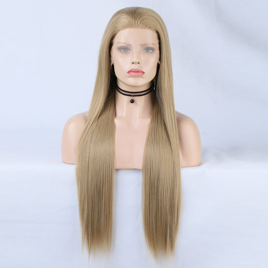 Linen Lace Front Wig Ombre Synthetic Hair Wig Middle Part Highlight Wig Long Straight Hair