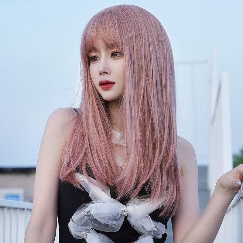 Wig Female Long Hair Full Head Set Type Net Red Long Straight Hair Air Bangs Pink Wig Set Fashion Wig