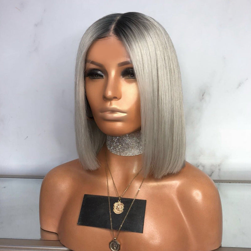 Women's wig black gray mixed color middle part bobo short straight hair inner buckle bob short hair dyed chemical fiber hair