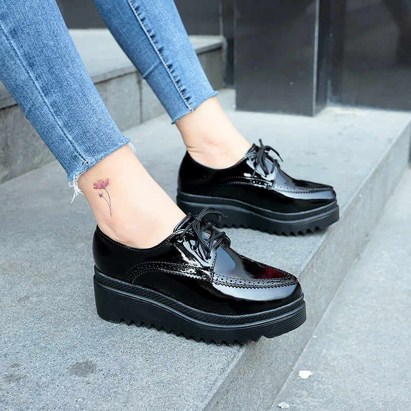 Women Oxford Shoes Lace Up Platform Shoes Black Patent Leather Casual Shoes Thick Sole Shoes Ladies Wedges