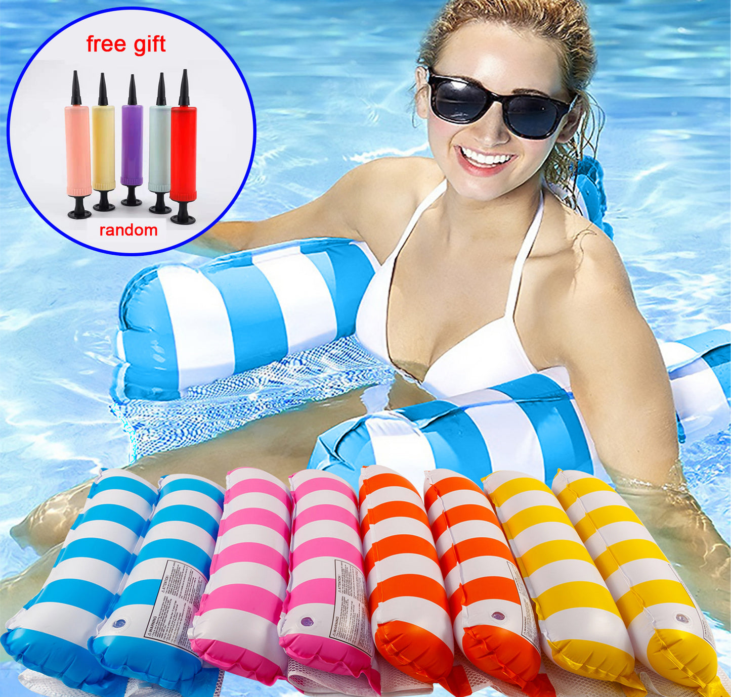 New Inflatable Striped Floating Drainage Floating Hammock Adult Swimming Net Floating Bed Folding Water Net Cloth Lounge Chair