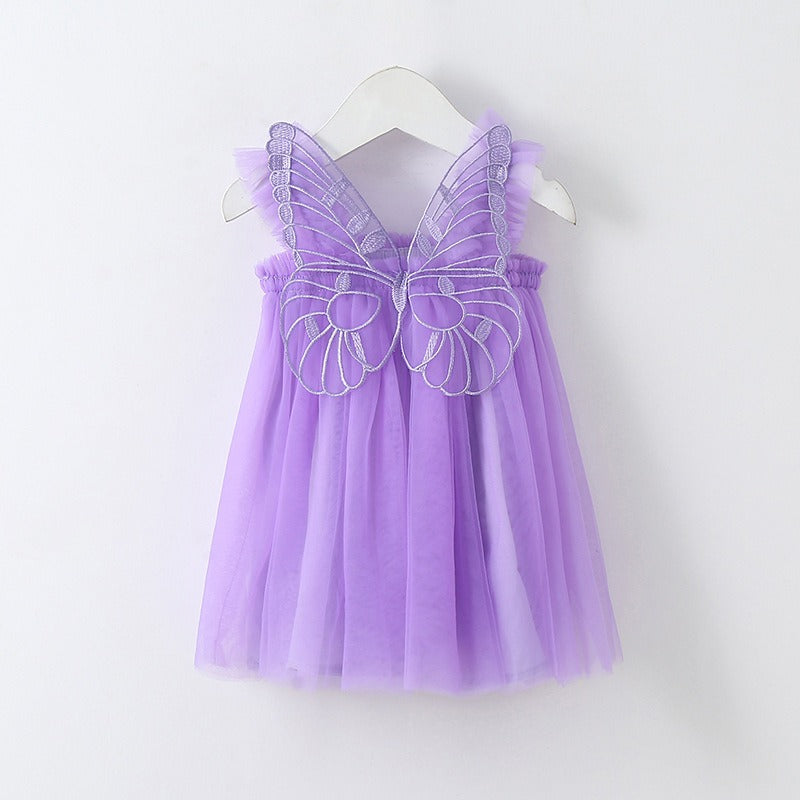 New Baby Girl Clothes Solid Color Flying Sleeve Butterfly Wing Decorative Little Girls Dress Sweet Princess Baby Dresses