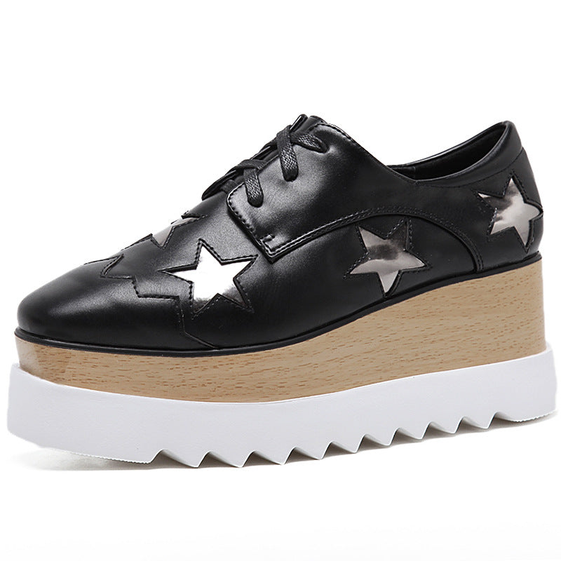 Ｈigh Ｑuality Leather Stars Lace Up Ladies Stella Chunky Shoes Casual Loafers Women Height Increasing Flat Platform Wedge Shoes