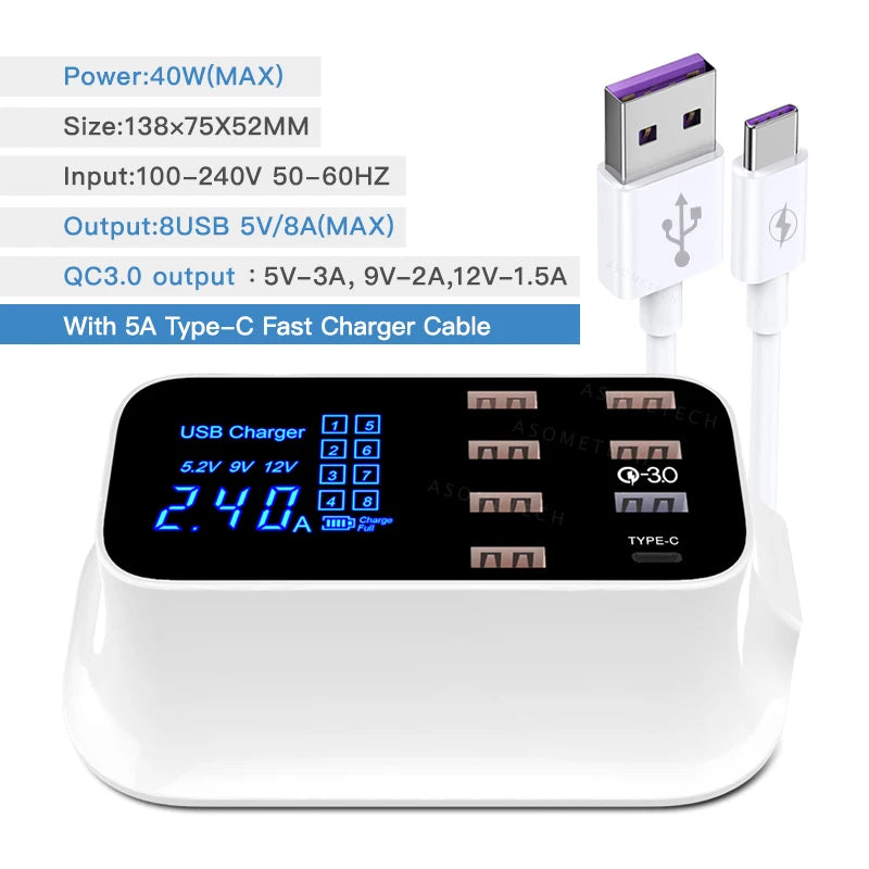 8 Ports Quick Charge 3.0 Led Display USB Charger For Android iPhone Adapter Phone Tablet Fast Charger For xiaomi huawei samsung